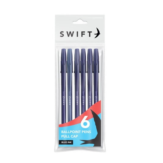 Pull Cap Ballpoint Pens 6pk Blue P3054 (Parcel Rate)