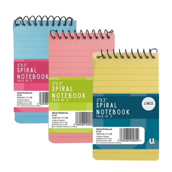 Spiral Notebook 5" x 3" Pack of 5 Assorted Colours P1108 (Parcel Rate)