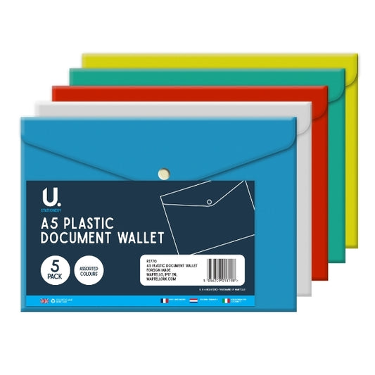 A5 Plastic Document File Wallet Pack of 5 Assorted Colours P2770 (Large Letter Rate)