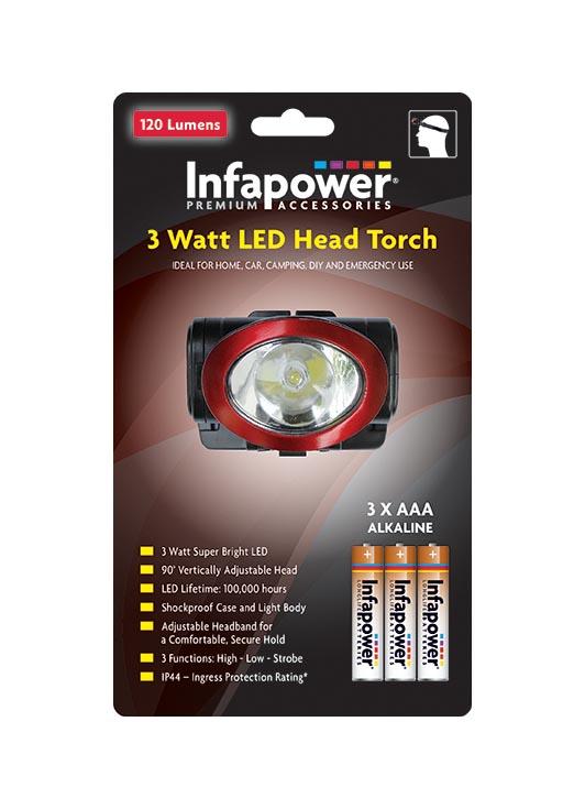 3 Watt LED 120 LUMENS Head Torch 90'' Vertically Adjustable Head 3 x AAA F036 (Parcel Rate)